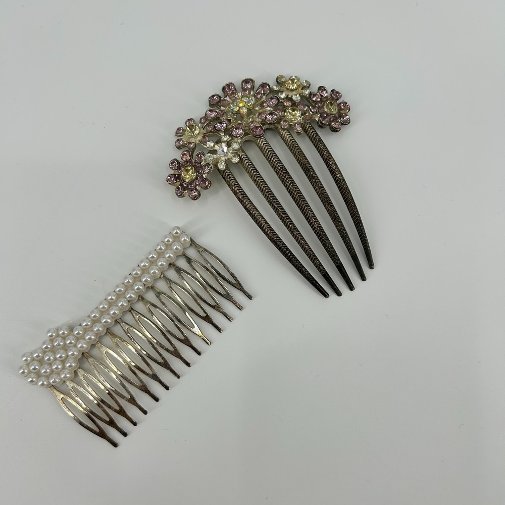 VTG Hair Combs Rhinestone Floral & Faux Pearl Accessories Edwardian Old Money